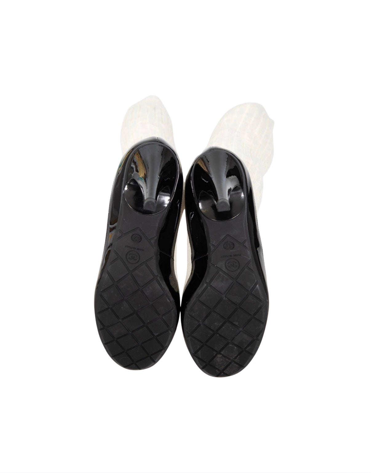 Chanel Black and White Sock Knit Heeled Boots